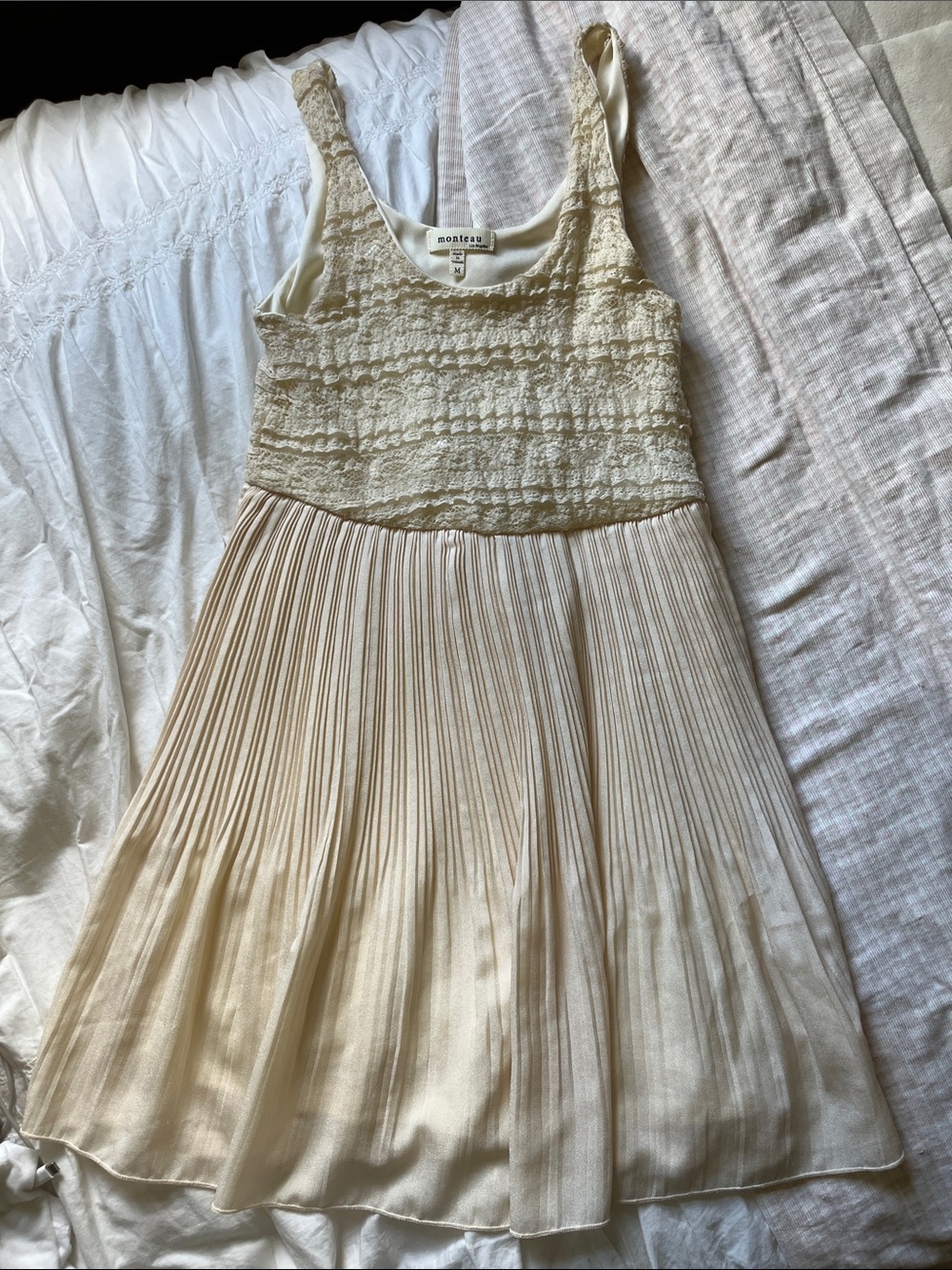 Monteau Cream Pleated Lace Tank Dress